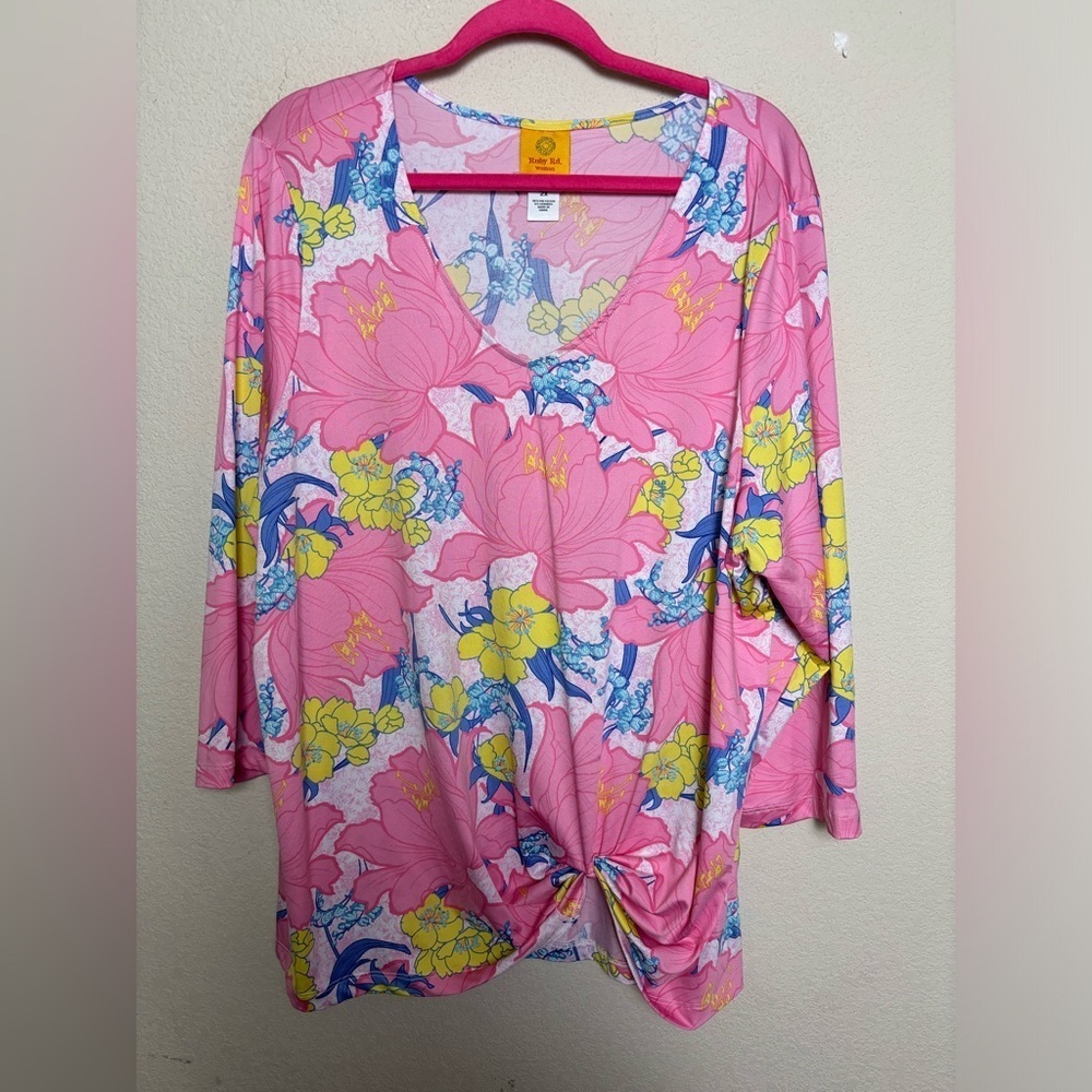 Ruby Rd Pink & White Tropical Flora Puff Print Knot Front 3/4 Sleeve Knit Top 2X - Picture 2 of 9